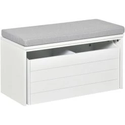 HOMCOM Banc De Rangement Avec Coussin Gris - Meuble à Chaussures - Banc à Chaussures Avec Grand Tiroir Double Compartiment - MDF Blanc - Blanc