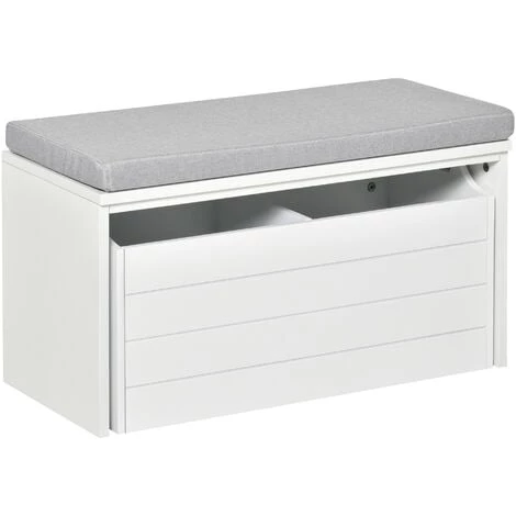 HOMCOM Banc De Rangement Avec Coussin Gris - Meuble à Chaussures - Banc à Chaussures Avec Grand Tiroir Double Compartiment - MDF Blanc - Blanc 3 HOMCOM Banc De Rangement Avec Coussin Gris - Meuble à Chaussures - Banc à Chaussures Avec Grand Tiroir Double Compartiment - MDF Blanc - Blanc