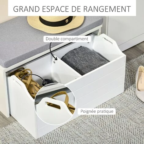 HOMCOM Banc De Rangement Avec Coussin Gris - Meuble à Chaussures - Banc à Chaussures Avec Grand Tiroir Double Compartiment - MDF Blanc - Blanc 6 HOMCOM Banc De Rangement Avec Coussin Gris - Meuble à Chaussures - Banc à Chaussures Avec Grand Tiroir Double Compartiment - MDF Blanc - Blanc – Image 4