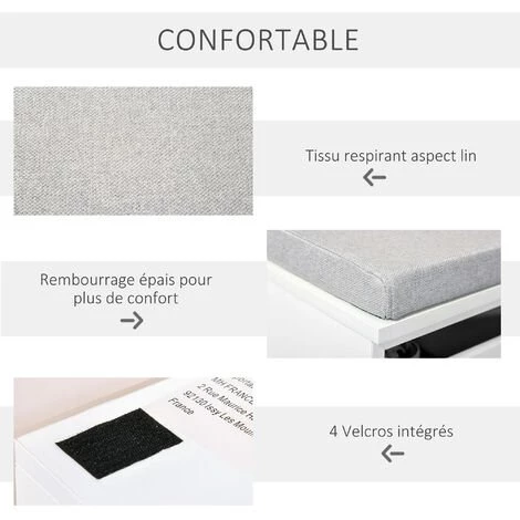 HOMCOM Banc De Rangement Avec Coussin Gris - Meuble à Chaussures - Banc à Chaussures Avec Grand Tiroir Double Compartiment - MDF Blanc - Blanc 7 HOMCOM Banc De Rangement Avec Coussin Gris - Meuble à Chaussures - Banc à Chaussures Avec Grand Tiroir Double Compartiment - MDF Blanc - Blanc – Image 5