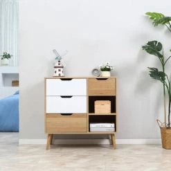 HOMCOM Commode Design Scandinave Sur Pieds 4 Tiroirs Coulissants 2 Niches Pieds Effilés Inclinés Panneaux Particules Blanc Aspect Bois Clair - Beige -France HOMCOM Soldes 2022 45847721 2