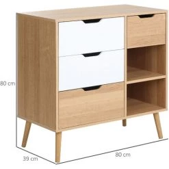 HOMCOM Commode Design Scandinave Sur Pieds 4 Tiroirs Coulissants 2 Niches Pieds Effilés Inclinés Panneaux Particules Blanc Aspect Bois Clair - Beige -France HOMCOM Soldes 2022 45847721 3