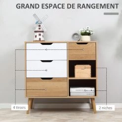 HOMCOM Commode Design Scandinave Sur Pieds 4 Tiroirs Coulissants 2 Niches Pieds Effilés Inclinés Panneaux Particules Blanc Aspect Bois Clair - Beige -France HOMCOM Soldes 2022 45847721 4