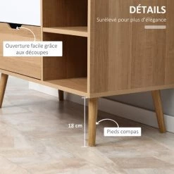 HOMCOM Commode Design Scandinave Sur Pieds 4 Tiroirs Coulissants 2 Niches Pieds Effilés Inclinés Panneaux Particules Blanc Aspect Bois Clair - Beige -France HOMCOM Soldes 2022 45847721 5