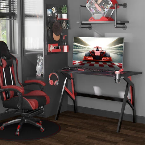 HOMCOM Bureau Gaming Bureau Gamer Bureau Informatique Bracket Casque Porte-gobelet Passe-câbles Tapis De Souris Inclus Métal MDF Texture Fibre Carbone Rouge Noir - Noir 4 HOMCOM Bureau Gaming Bureau Gamer Bureau Informatique Bracket Casque Porte-gobelet Passe-câbles Tapis De Souris Inclus Métal MDF Texture Fibre Carbone Rouge Noir - Noir – Image 2