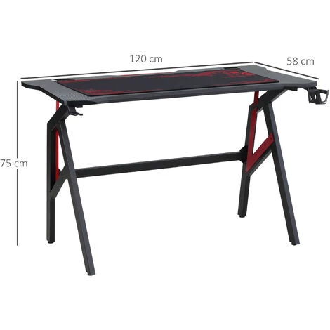 HOMCOM Bureau Gaming Bureau Gamer Bureau Informatique Bracket Casque Porte-gobelet Passe-câbles Tapis De Souris Inclus Métal MDF Texture Fibre Carbone Rouge Noir - Noir 5 HOMCOM Bureau Gaming Bureau Gamer Bureau Informatique Bracket Casque Porte-gobelet Passe-câbles Tapis De Souris Inclus Métal MDF Texture Fibre Carbone Rouge Noir - Noir – Image 3