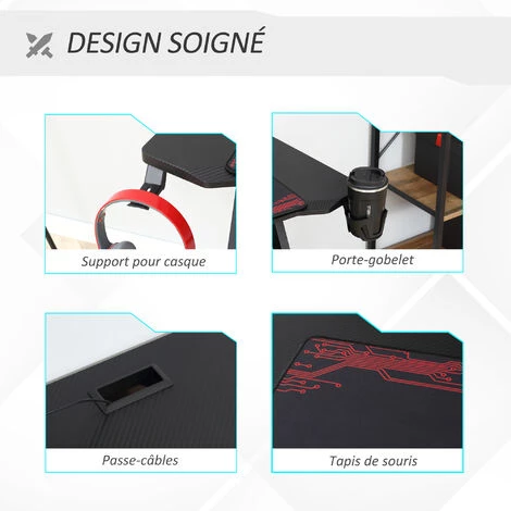 HOMCOM Bureau Gaming Bureau Gamer Bureau Informatique Bracket Casque Porte-gobelet Passe-câbles Tapis De Souris Inclus Métal MDF Texture Fibre Carbone Rouge Noir - Noir 6 HOMCOM Bureau Gaming Bureau Gamer Bureau Informatique Bracket Casque Porte-gobelet Passe-câbles Tapis De Souris Inclus Métal MDF Texture Fibre Carbone Rouge Noir - Noir – Image 4