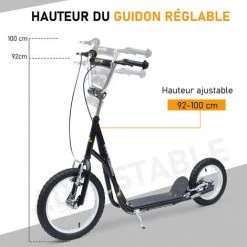 HOMCOM Trottinette Patinette Enfant à Partir De 5 Ans Grands Pneus Guidon Réglable Poignées Freins Et Béquille Acier Noir - Noir -France HOMCOM Soldes 2022 46360273 4
