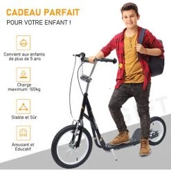 HOMCOM Trottinette Patinette Enfant à Partir De 5 Ans Grands Pneus Guidon Réglable Poignées Freins Et Béquille Acier Noir - Noir -France HOMCOM Soldes 2022 46360273 5