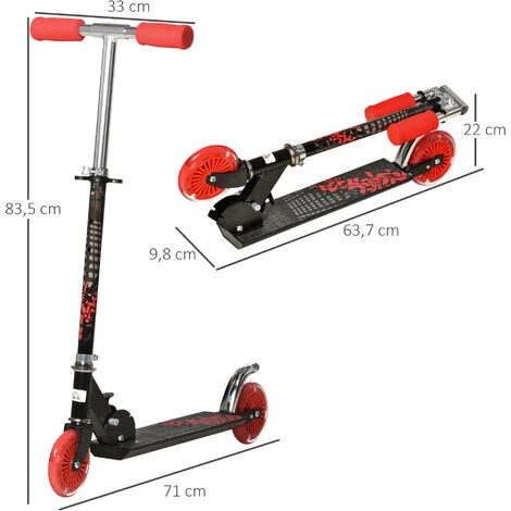 HOMCOM Trottinette Pliable Enfant à Partir De 3 Ans Roues Lumineuses LED Frein à Friction Arrière Hauteur Guidon Réglable 3 Niv. Alu. Métal Noir Rouge 5 HOMCOM Trottinette Pliable Enfant à Partir De 3 Ans Roues Lumineuses LED Frein à Friction Arrière Hauteur Guidon Réglable 3 Niv. Alu. Métal Noir Rouge – Image 3