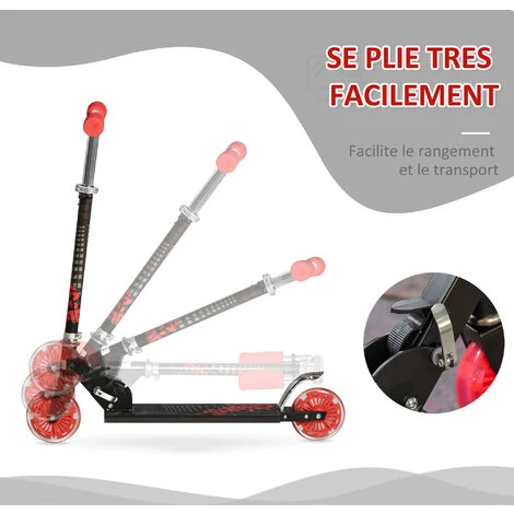 HOMCOM Trottinette Pliable Enfant à Partir De 3 Ans Roues Lumineuses LED Frein à Friction Arrière Hauteur Guidon Réglable 3 Niv. Alu. Métal Noir Rouge 6 HOMCOM Trottinette Pliable Enfant à Partir De 3 Ans Roues Lumineuses LED Frein à Friction Arrière Hauteur Guidon Réglable 3 Niv. Alu. Métal Noir Rouge – Image 4