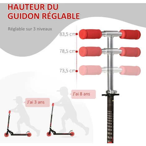 HOMCOM Trottinette Pliable Enfant à Partir De 3 Ans Roues Lumineuses LED Frein à Friction Arrière Hauteur Guidon Réglable 3 Niv. Alu. Métal Noir Rouge 7 HOMCOM Trottinette Pliable Enfant à Partir De 3 Ans Roues Lumineuses LED Frein à Friction Arrière Hauteur Guidon Réglable 3 Niv. Alu. Métal Noir Rouge – Image 5