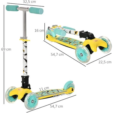 HOMCOM Trottinette Enfant Pliable Modèle Dinosaure - 3 Roues Lumineuses LED - Hauteur Guidon Réglable - Frein à Friction Arrière - Alu. Métal PP Bleu Jaune 5 HOMCOM Trottinette Enfant Pliable Modèle Dinosaure - 3 Roues Lumineuses LED - Hauteur Guidon Réglable - Frein à Friction Arrière - Alu. Métal PP Bleu Jaune – Image 3