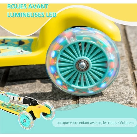 HOMCOM Trottinette Enfant Pliable Modèle Dinosaure - 3 Roues Lumineuses LED - Hauteur Guidon Réglable - Frein à Friction Arrière - Alu. Métal PP Bleu Jaune 6 HOMCOM Trottinette Enfant Pliable Modèle Dinosaure - 3 Roues Lumineuses LED - Hauteur Guidon Réglable - Frein à Friction Arrière - Alu. Métal PP Bleu Jaune – Image 4