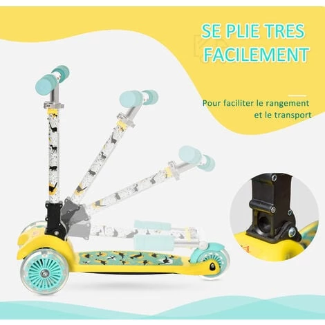 HOMCOM Trottinette Enfant Pliable Modèle Dinosaure - 3 Roues Lumineuses LED - Hauteur Guidon Réglable - Frein à Friction Arrière - Alu. Métal PP Bleu Jaune 7 HOMCOM Trottinette Enfant Pliable Modèle Dinosaure - 3 Roues Lumineuses LED - Hauteur Guidon Réglable - Frein à Friction Arrière - Alu. Métal PP Bleu Jaune – Image 5