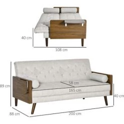 HOMCOM Canapé Convertible 3 Places Design Scandinave Dossier Inclinable 3 Positions Tablette Rabattable 2 Coussins Inclus Pieds Effilés Bois Eucalyptus Fumé Tissu Coton Polyester Aspect Lin Beige - Beige -France HOMCOM Soldes 2022 46360292 3