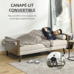 HOMCOM Canapé Convertible 3 Places Design Scandinave Dossier Inclinable 3 Positions Tablette Rabattable 2 Coussins Inclus Pieds Effilés Bois Eucalyptus Fumé Tissu Coton Polyester Aspect Lin Beige - Beige -France HOMCOM Soldes 2022 46360292 4