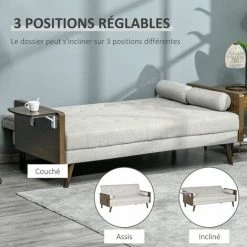 HOMCOM Canapé Convertible 3 Places Design Scandinave Dossier Inclinable 3 Positions Tablette Rabattable 2 Coussins Inclus Pieds Effilés Bois Eucalyptus Fumé Tissu Coton Polyester Aspect Lin Beige - Beige -France HOMCOM Soldes 2022 46360292 5