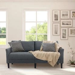 HOMCOM Canapé 2 Places Style Contemporain Assises Larges Profondes Accoudoirs Courbés Piètement Effilé Bois Hévéa Noir Polyester Gris Foncé -France HOMCOM Soldes 2022 46360305 2