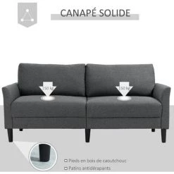 HOMCOM Canapé 2 Places Style Contemporain Assises Larges Profondes Accoudoirs Courbés Piètement Effilé Bois Hévéa Noir Polyester Gris Foncé -France HOMCOM Soldes 2022 46360305 5