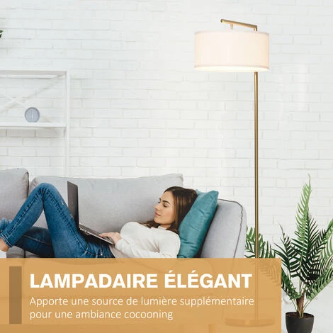 HOMCOM Lampadaire Design Néo-rétro Max. 40 W 153H Cm Abat-jour Circulaire Aspect Lin Blanc Piètement Structure Métal Doré - Doré 7 HOMCOM Lampadaire Design Néo-rétro Max. 40 W 153H Cm Abat-jour Circulaire Aspect Lin Blanc Piètement Structure Métal Doré - Doré – Image 5