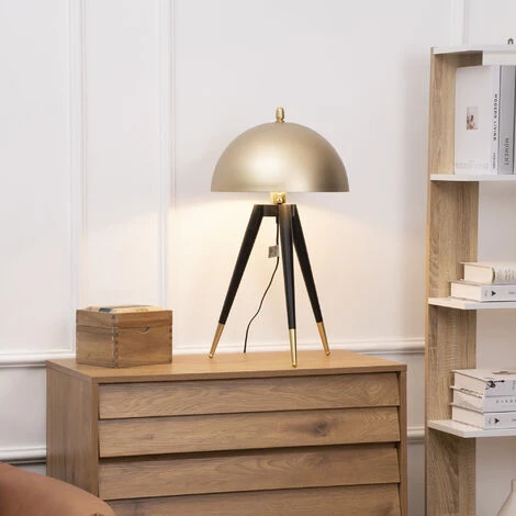 HOMCOM Lampe De Table Champignon Style Art Déco - Lampe à Poser Trépied - Ø 30 X 62H Cm - Piètement Métal Noir Extrémités Abat-jour Métal Doré - Doré 4 HOMCOM Lampe De Table Champignon Style Art Déco - Lampe à Poser Trépied - Ø 30 X 62H Cm - Piètement Métal Noir Extrémités Abat-jour Métal Doré - Doré – Image 2