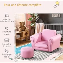 HOMCOM Ensemble Fauteuil Et Pouf Enfant Style Contemporain Structure Bois Revêtement Synthétique PVC Rose - Rose -France HOMCOM Soldes 2022 46698849 4