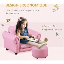 HOMCOM Ensemble Fauteuil Et Pouf Enfant Style Contemporain Structure Bois Revêtement Synthétique PVC Rose - Rose -France HOMCOM Soldes 2022 46698849 5