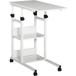 HOMCOM Table De Lit/fauteuil - Table Roulante - Hauteur Réglable - 2 étagères Intégrées - Panneaux Particules E1 Aspect Bois Métal Blanc - Blanc