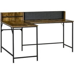 HOMCOM Bureau D'angle Informatique Design Industriel - Porte-revues, Panneau Mémo Perforé - Métal Noir MDF Aspect Bois Vieilli - Marron