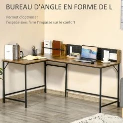 HOMCOM Bureau D'angle Informatique Design Industriel - Porte-revues, Panneau Mémo Perforé - Métal Noir MDF Aspect Bois Vieilli - Marron -France HOMCOM Soldes 2022 46698937 4