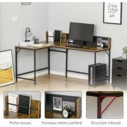 HOMCOM Bureau D'angle Informatique Design Industriel - Porte-revues, Panneau Mémo Perforé - Métal Noir MDF Aspect Bois Vieilli - Marron -France HOMCOM Soldes 2022 46698937 5