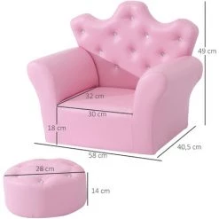 HOMCOM Ensemble Fauteuil Et Pouf Enfant Design Couronne De Princesse - Dossier Et Assise Pouf Avec Boutons Strass Aspect Cristaux - Structure Bois Revêtement Synthétique PVC Rose - Rose -France HOMCOM Soldes 2022 47140649 3