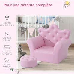 HOMCOM Ensemble Fauteuil Et Pouf Enfant Design Couronne De Princesse - Dossier Et Assise Pouf Avec Boutons Strass Aspect Cristaux - Structure Bois Revêtement Synthétique PVC Rose - Rose -France HOMCOM Soldes 2022 47140649 4