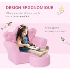 HOMCOM Ensemble Fauteuil Et Pouf Enfant Design Couronne De Princesse - Dossier Et Assise Pouf Avec Boutons Strass Aspect Cristaux - Structure Bois Revêtement Synthétique PVC Rose - Rose -France HOMCOM Soldes 2022 47140649 5