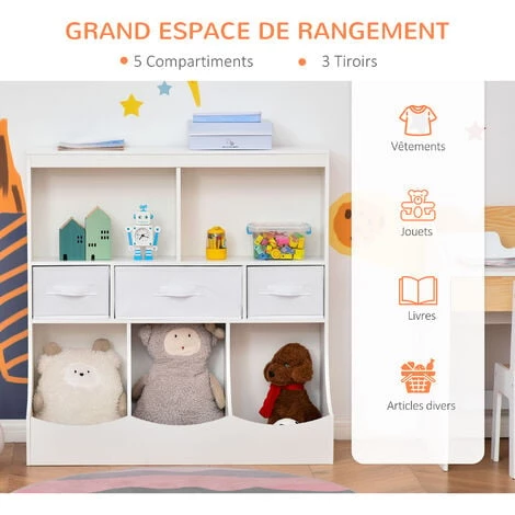 HOMCOM Meuble De Rangement Jouets Enfant étagère De Jouet Pour Chambre D'enfant 5 Casiers 3 Tiroirs Non Tissé MDF Blanc 6 HOMCOM Meuble De Rangement Jouets Enfant étagère De Jouet Pour Chambre D'enfant 5 Casiers 3 Tiroirs Non Tissé MDF Blanc – Image 4
