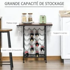 HOMCOM Étagère Style Industriel étagère Porte Bouteilles Casier à Vin 24 Bouteilles Support Verres à Vin Intégré 6 Max. Métal Noir MDF Aspect Bois Noyer -France HOMCOM Soldes 2022 47140704 4