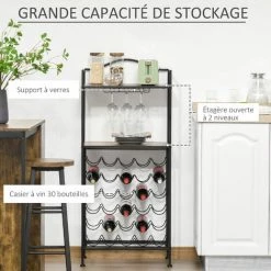 HOMCOM Étagère Style Industriel étagère Porte Bouteilles Casier à Vin 30 Bouteilles Support Verres à Vin Intégré 9 Max. Métal Noir MDF Aspect Chêne Moyen -France HOMCOM Soldes 2022 47140711 4