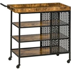 HOMCOM Desserte Vintage Style Industriel - Chariot De Service 3 étagères Et Plateau à Rebord - Châssis Métal Noir Avec Parois Ajourées Et Poignée - MDF Aspect Bois Vieilli - Marron