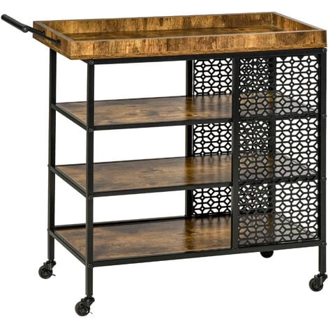 HOMCOM Desserte Vintage Style Industriel - Chariot De Service 3 étagères Et Plateau à Rebord - Châssis Métal Noir Avec Parois Ajourées Et Poignée - MDF Aspect Bois Vieilli - Marron 3 HOMCOM Desserte Vintage Style Industriel - Chariot De Service 3 étagères Et Plateau à Rebord - Châssis Métal Noir Avec Parois Ajourées Et Poignée - MDF Aspect Bois Vieilli - Marron