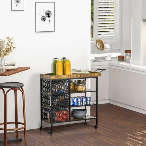 HOMCOM Desserte Vintage Style Industriel - Chariot De Service 3 étagères Et Plateau à Rebord - Châssis Métal Noir Avec Parois Ajourées Et Poignée - MDF Aspect Bois Vieilli - Marron 4 HOMCOM Desserte Vintage Style Industriel - Chariot De Service 3 étagères Et Plateau à Rebord - Châssis Métal Noir Avec Parois Ajourées Et Poignée - MDF Aspect Bois Vieilli - Marron – Image 2