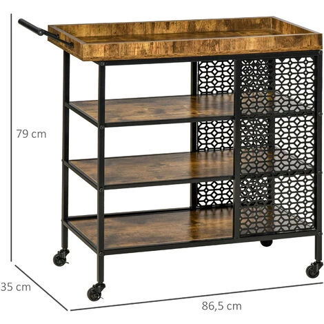 HOMCOM Desserte Vintage Style Industriel - Chariot De Service 3 étagères Et Plateau à Rebord - Châssis Métal Noir Avec Parois Ajourées Et Poignée - MDF Aspect Bois Vieilli - Marron 5 HOMCOM Desserte Vintage Style Industriel - Chariot De Service 3 étagères Et Plateau à Rebord - Châssis Métal Noir Avec Parois Ajourées Et Poignée - MDF Aspect Bois Vieilli - Marron – Image 3