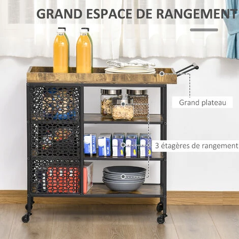 HOMCOM Desserte Vintage Style Industriel - Chariot De Service 3 étagères Et Plateau à Rebord - Châssis Métal Noir Avec Parois Ajourées Et Poignée - MDF Aspect Bois Vieilli - Marron 6 HOMCOM Desserte Vintage Style Industriel - Chariot De Service 3 étagères Et Plateau à Rebord - Châssis Métal Noir Avec Parois Ajourées Et Poignée - MDF Aspect Bois Vieilli - Marron – Image 4