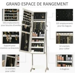 HOMCOM Armoire à Bijoux Avec Miroir à Pied Multi-rangement Inclinaison Réglable Serrure Dim. 46L X 36,5l X 151,5H Cm MDF Blanc -France HOMCOM Soldes 2022 47140759 5