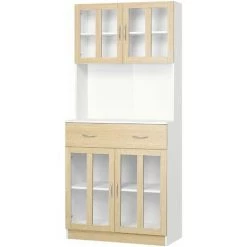 HOMCOM Armoire De Cuisine Multi-rangement 4 Portes Vitrine Verre Avec étagère Tiroir Coulissant Grand Plateau Panneaux Particules Blanc Aspect Chêne Clair