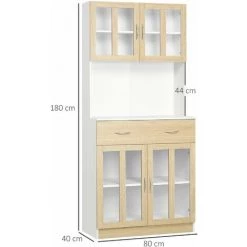 HOMCOM Armoire De Cuisine Multi-rangement 4 Portes Vitrine Verre Avec étagère Tiroir Coulissant Grand Plateau Panneaux Particules Blanc Aspect Chêne Clair -France HOMCOM Soldes 2022 47140778 3