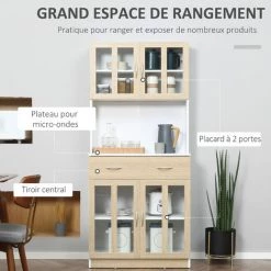 HOMCOM Armoire De Cuisine Multi-rangement 4 Portes Vitrine Verre Avec étagère Tiroir Coulissant Grand Plateau Panneaux Particules Blanc Aspect Chêne Clair -France HOMCOM Soldes 2022 47140778 4