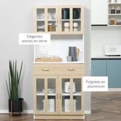 HOMCOM Armoire De Cuisine Multi-rangement 4 Portes Vitrine Verre Avec étagère Tiroir Coulissant Grand Plateau Panneaux Particules Blanc Aspect Chêne Clair -France HOMCOM Soldes 2022 47140778 5
