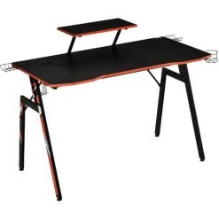HOMCOM Bureau Gaming Bureau Gamer Bureau Informatique Bracket Casque Enceintes Porte-gobelet Grand Plateau MDF Texture Carbone + étagère écran Châssis Acier Rouge Noir