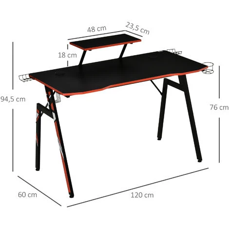 HOMCOM Bureau Gaming Bureau Gamer Bureau Informatique Bracket Casque Enceintes Porte-gobelet Grand Plateau MDF Texture Carbone + étagère écran Châssis Acier Rouge Noir 5 HOMCOM Bureau Gaming Bureau Gamer Bureau Informatique Bracket Casque Enceintes Porte-gobelet Grand Plateau MDF Texture Carbone + étagère écran Châssis Acier Rouge Noir – Image 3